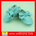 Ningbo June Wholesale best selling customer blue bow cow leather flat baby shoes for baby boy